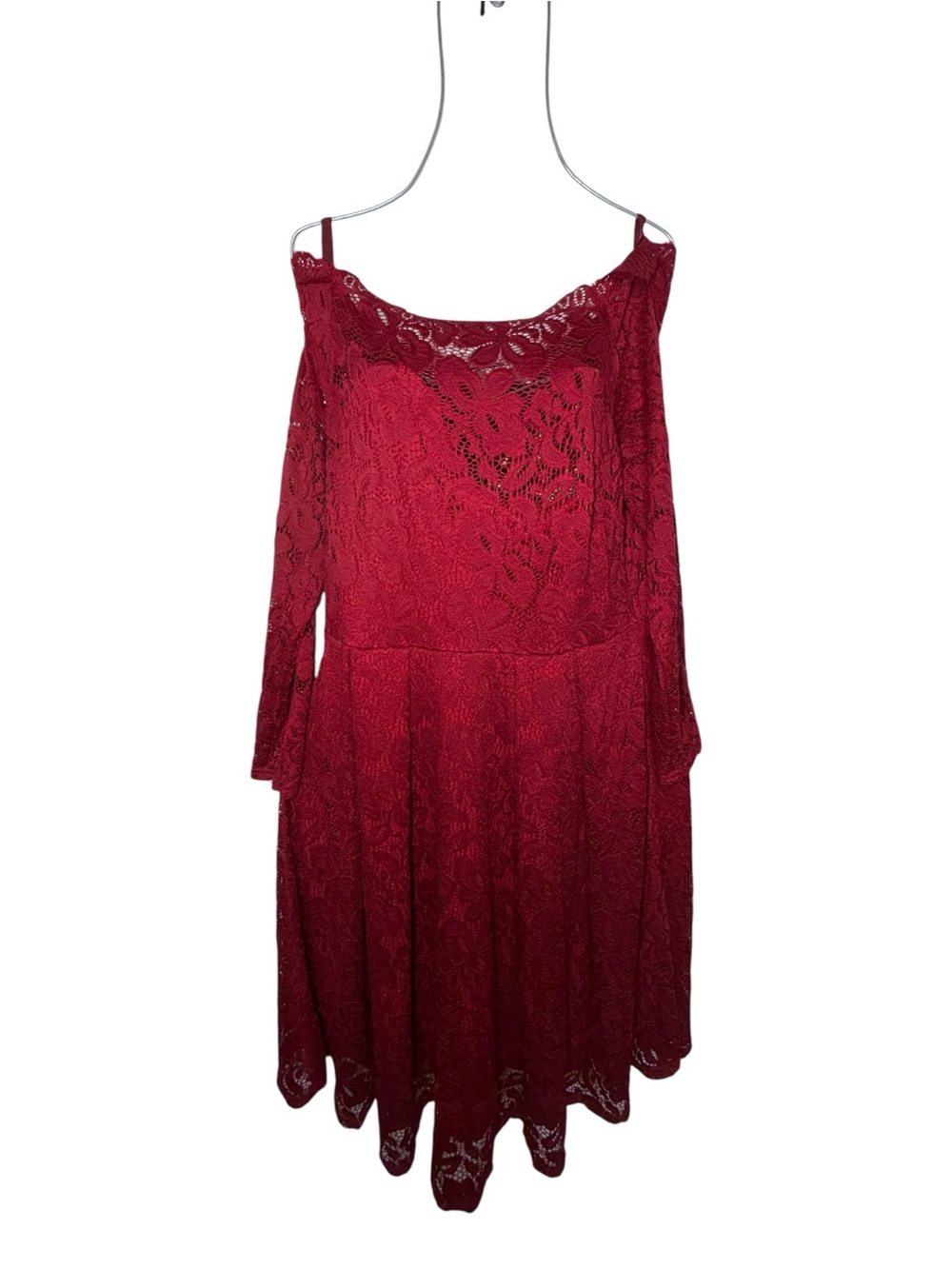 Wine Red Lace Off-Shoulder Midi Dress with Spaghetti Straps